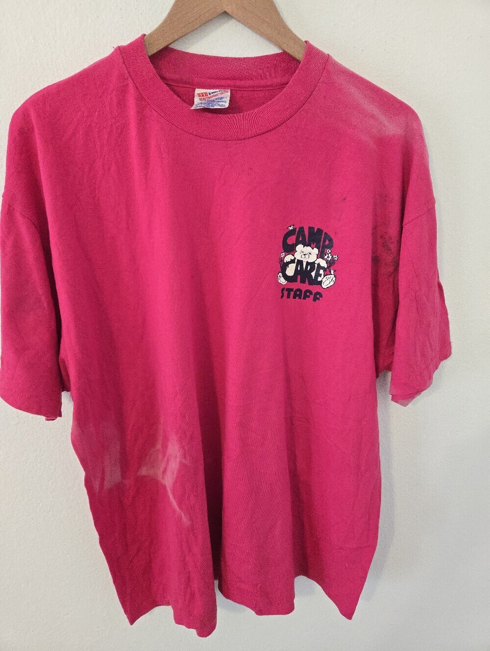 Vintage Camp Care Staff Bear Logo Pink Womens XL Naturally Distressed Stained